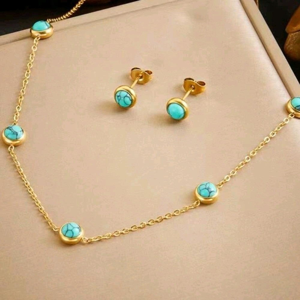 Gold Tone Faux Turquoise Station Necklace and Stud Earring Jewelry Set Women